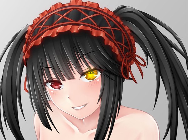 Anime picture 1071x803 with date a live tokisaki kurumi ogoro single long hair looking at viewer blush fringe open mouth light erotic black hair simple background smile red eyes twintails bare shoulders yellow eyes upper body blunt bangs grey background
