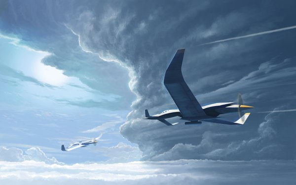 Anime picture 1594x997 with gugu (pixiv) wide image sky cloud (clouds) landscape aircraft airplane