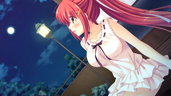 Anime picture 1280x720 with natsu koi high pressure nanase hikari ayamisiro single long hair blush breasts open mouth smile wide image large breasts sitting brown eyes game cg ponytail red hair night night sky looking up girl