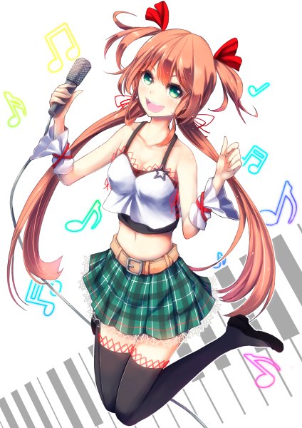 Anime picture 848x1200 with original konkito single long hair tall image looking at viewer blush open mouth brown hair twintails green eyes girl thighhighs skirt navel ribbon (ribbons) black thighhighs hair ribbon belt microphone