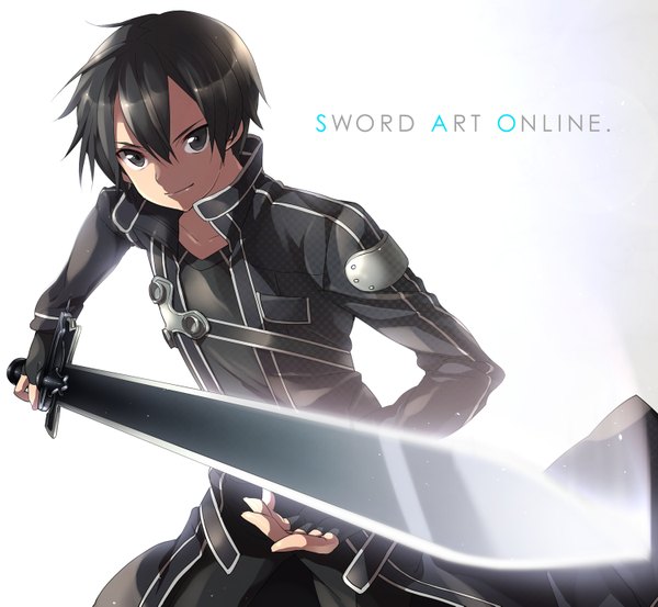 Anime picture 1500x1383 with sword art online a-1 pictures kirigaya kazuto single looking at viewer fringe short hair black hair holding light smile black eyes inscription copyright name boy weapon sword fingerless gloves cloak