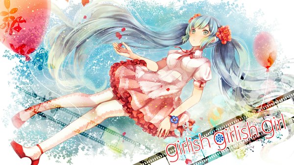 Anime picture 1000x563 with vocaloid hatsune miku ichinose (sorario) single long hair wide image twintails hair flower aqua eyes aqua hair girl dress hair ornament flower (flowers) petals