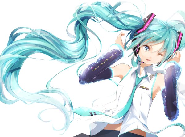 Anime picture 2800x2087 with vocaloid hatsune miku minamito single highres open mouth simple background white background twintails bare shoulders very long hair one eye closed aqua eyes wink aqua hair girl hair ornament detached sleeves necktie headphones