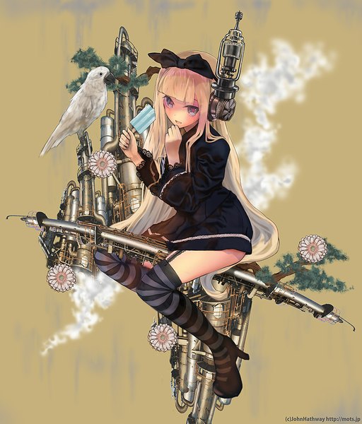 Anime picture 800x936 with original john hathway single long hair tall image fringe open mouth blue eyes blonde hair sitting holding bent knee (knees) high heels mechanical steam punk girl thighhighs dress flower (flowers) animal