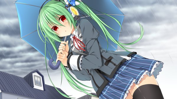 Anime picture 1920x1080 with original dodome-iro mayonnaise single long hair looking at viewer blush highres red eyes wide image twintails green hair zettai ryouiki girl thighhighs skirt black thighhighs headphones umbrella