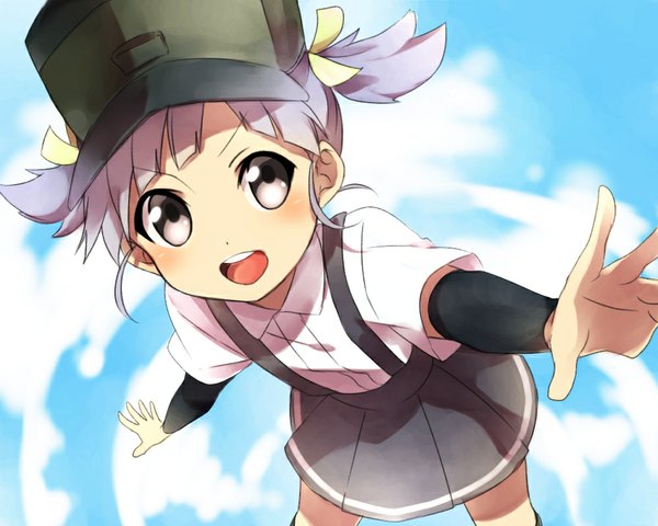 Anime picture 1000x800 with kantai collection ooshio destroyer sekina single blush fringe short hair open mouth twintails looking away sky purple hair cloud (clouds) from above grey eyes short twintails spread arms girl uniform ribbon (ribbons)