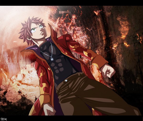 Anime picture 3000x2536 with fairy tail natsu dragneel futuretabs single highres short hair green eyes pink hair absurdres from below coloring muscle boy pendant pants cloak fist