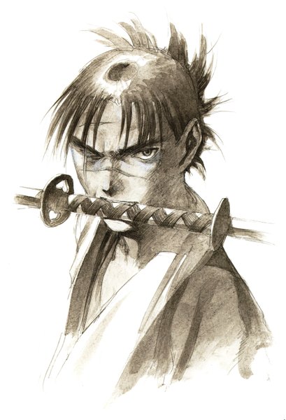 Anime picture 4233x6202 with blade of the immortal samura hiroaki single tall image highres short hair black hair absurdres black eyes monochrome scar weapon sword katana