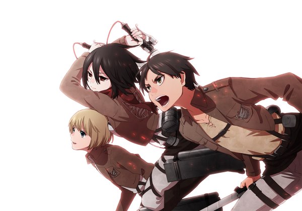 Anime picture 2139x1500 with shingeki no kyojin production i.g mikasa ackerman eren yaeger armin arlert helmet (musco2) highres short hair open mouth black hair simple background blonde hair red eyes white background holding brown eyes open clothes open jacket multiple boys dual wielding