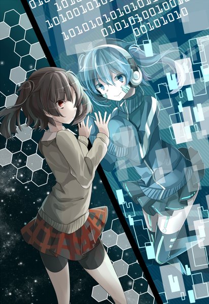 Anime picture 1200x1744 with kagerou project shaft (studio) kagerou days (vocaloid) ene (kagerou project) enomoto takane sumi mi long hair tall image short hair blue eyes red eyes brown hair twintails multiple girls blue hair light smile zettai ryouiki plaid skirt abstract girl