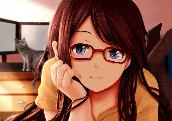 Anime picture 2000x1414 with original kirimatsu single long hair fringe highres smile brown hair purple eyes green eyes sunlight no shoes close-up leg lift (legs lift) hand on face girl animal glasses cat computer