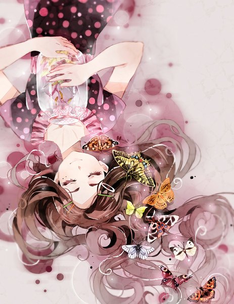 Anime picture 900x1165 with original hetiru single tall image smile holding lying eyes closed on back eyebrows polka dot girl dress hair ornament plant (plants) petals water hairclip bobby pin