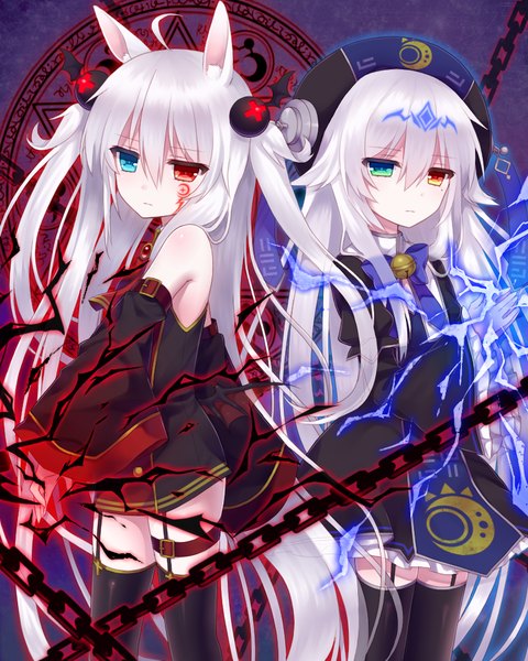 Anime picture 800x1000 with original tsukikage nemu long hair tall image multiple girls animal ears white hair heterochromia girl thighhighs dress hair ornament black thighhighs 2 girls hat detached sleeves chain