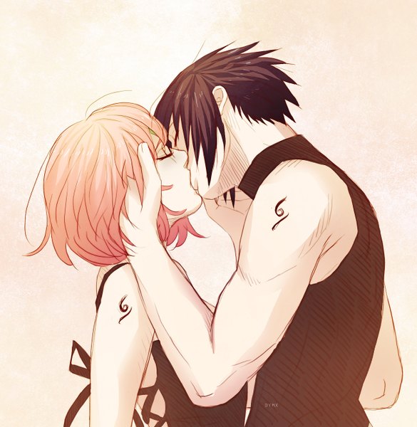 Anime picture 1300x1334 with naruto studio pierrot naruto (series) uchiha sasuke haruno sakura dymx (artist) tall image short hair black hair bare shoulders pink hair eyes closed profile tattoo sleeveless couple hug face to face lacing kiss