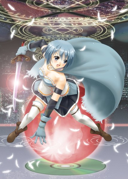 Anime picture 1000x1400 with mahou shoujo madoka magica shaft (studio) miki sayaka ayato single tall image blush short hair open mouth blue eyes blue hair magic girl thighhighs skirt gloves weapon miniskirt white thighhighs sword