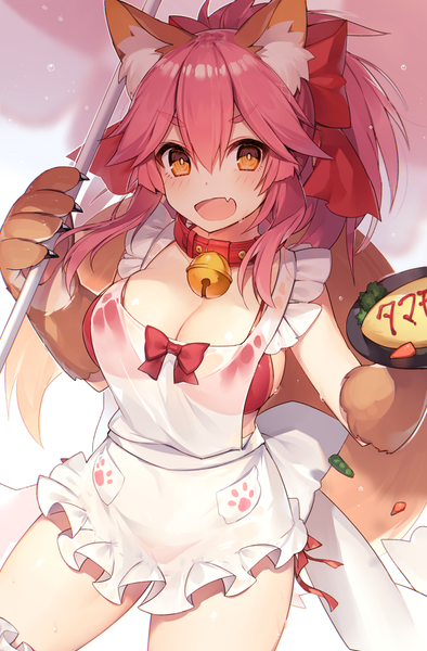 Anime picture 657x1000 with fate (series) fate/grand order tamamo (fate) (all) tamamo cat (fate) muryotaro single long hair tall image blush fringe breasts open mouth light erotic hair between eyes large breasts standing holding brown eyes animal ears pink hair