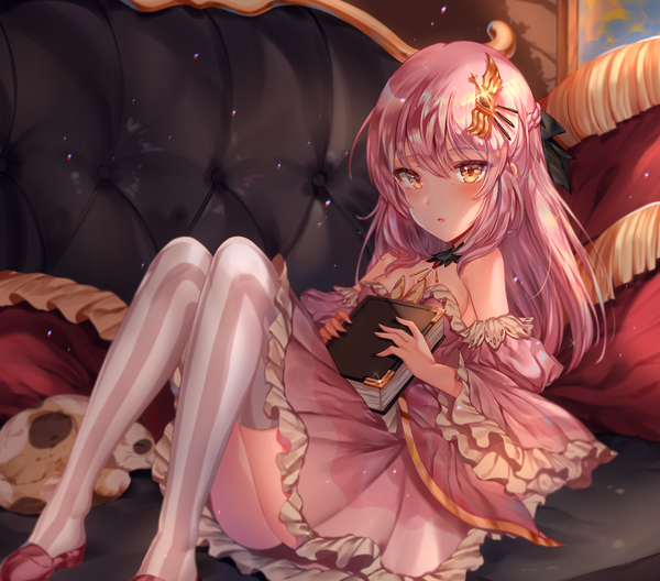 Anime picture 2500x2200 with original zerocat single long hair looking at viewer blush fringe highres breasts open mouth light erotic hair between eyes pink hair cleavage full body ass indoors braid (braids) wide sleeves orange eyes