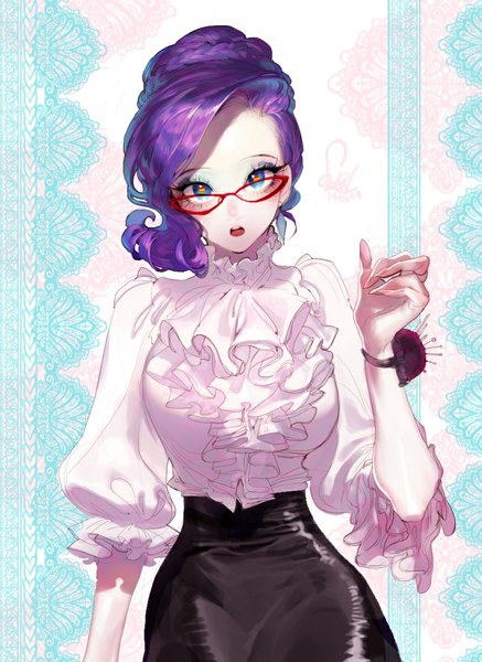 Anime picture 836x1148 with my little pony my little pony friendship is magic rarity pigeon666 single tall image looking at viewer short hair blue eyes purple hair braid (braids) parted lips pale skin asymmetrical hair personification girl skirt shirt glasses frills