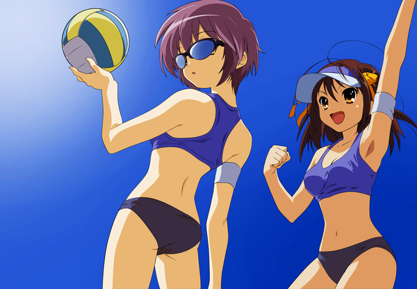 Anime picture 4000x2776 with suzumiya haruhi no yuutsu kyoto animation suzumiya haruhi nagato yuki highres short hair multiple girls purple hair beach volleyball girl navel 2 girls crop top sunglasses ball armband buruma volleyball ball