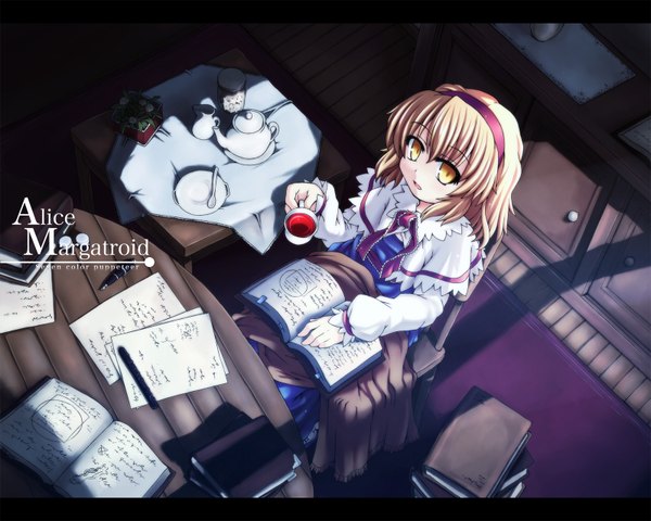 Anime picture 1600x1280 with touhou alice margatroid etogami kazuya short hair blonde hair yellow eyes letterboxed girl hairband book (books) cup pen tea