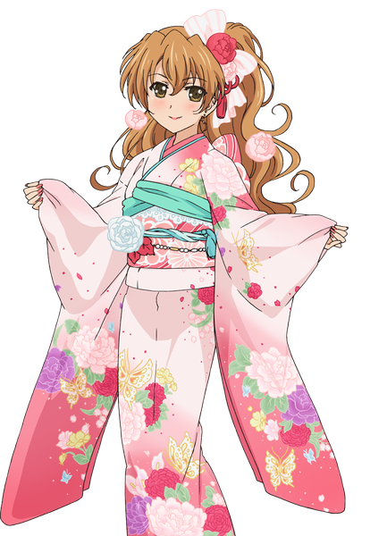 Anime picture 690x1000 with golden time j.c. staff kaga kouko single long hair tall image brown hair ponytail traditional clothes japanese clothes transparent background new year girl hair ornament flower (flowers) kimono obi