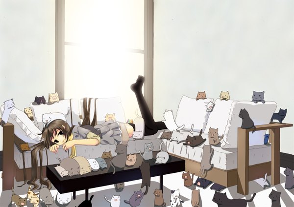 Anime picture 2865x2026 with original nekobaka single long hair looking at viewer highres brown hair brown eyes lying on stomach girl thighhighs dress skirt black thighhighs animal window cat couch