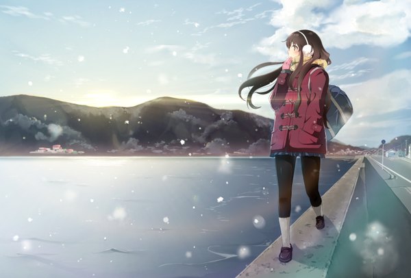 Anime picture 1417x960 with original conone single long hair blush black hair brown eyes looking away full body wind snowing winter snow landscape hand in pocket scenic hand to mouth river girl skirt
