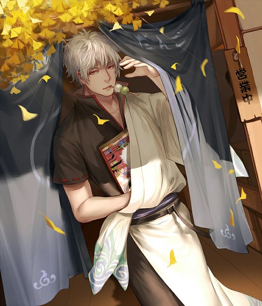 Anime picture 750x875 with gintama sunrise (studio) sakata gintoki joey single tall image looking at viewer fringe short hair red eyes silver hair traditional clothes japanese clothes from above autumn boy leaf (leaves) autumn leaves wagashi ginkgo