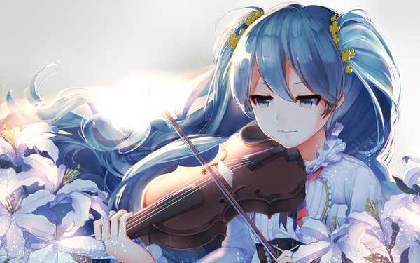 Anime picture 2000x1250 with vocaloid hatsune miku kanoa (kanoa0401) single highres blue eyes blue hair looking away very long hair wavy hair girl dress hair ornament flower (flowers) musical instrument violin bow (instrument)