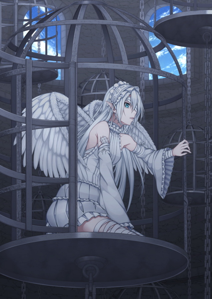 Anime picture 1075x1518 with original heisei yutorin single long hair tall image blue eyes white hair pointy ears girl dress detached sleeves wings headdress chain bandage (bandages) cage