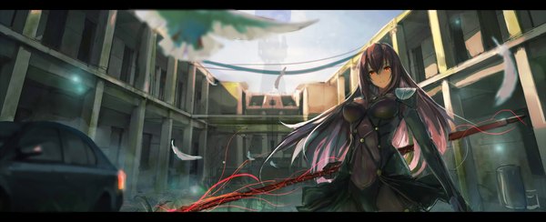 Anime picture 2234x910 with fate (series) fate/grand order type-moon scathach (fate) (all) scathach (fate) xkc single long hair looking at viewer fringe highres light erotic red eyes wide image standing holding payot sky outdoors light smile