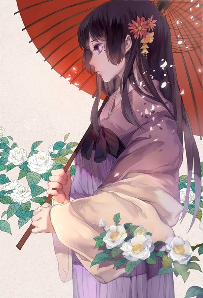 Anime picture 1535x2244 with original dj.adonis single long hair tall image fringe black hair simple background purple eyes holding looking away traditional clothes japanese clothes lips wide sleeves hime cut girl hair ornament flower (flowers) petals