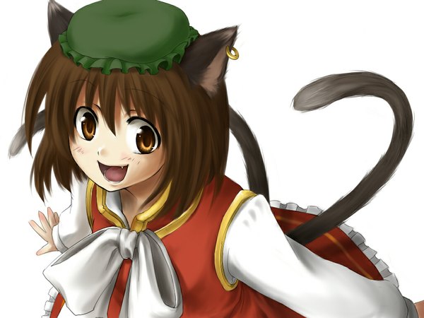 Anime picture 1024x768 with touhou chen mio (artist) short hair brown hair brown eyes animal ears tail cat ears teeth cat tail fang (fangs) multiple tails girl hat earrings jewelry