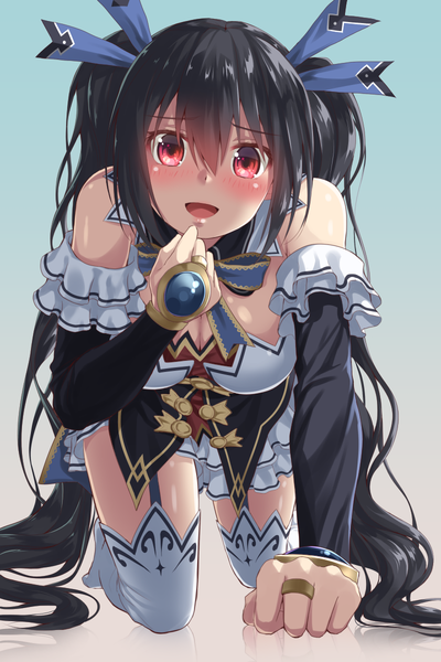 Anime picture 800x1200 with choujigen game neptune noire oekakizuki single tall image looking at viewer blush open mouth light erotic black hair red eyes twintails very long hair girl thighhighs dress bow hair bow white thighhighs