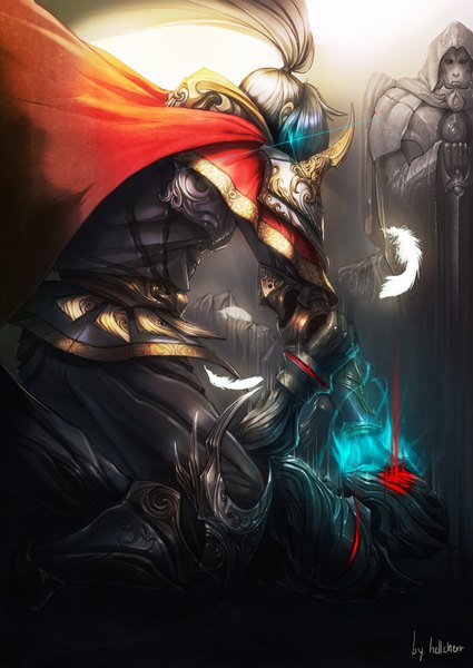 Anime picture 2953x4169 with hellcherr long hair tall image highres blue eyes silver hair ponytail glowing glowing eye (eyes) boy armor cape feather (feathers) cloak statue