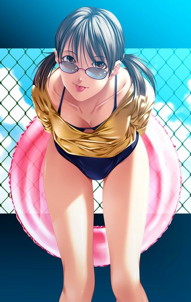Anime picture 636x1000 with original rezi single tall image looking at viewer light erotic brown hair twintails brown eyes short twintails :p girl swimsuit tongue sunglasses swim ring