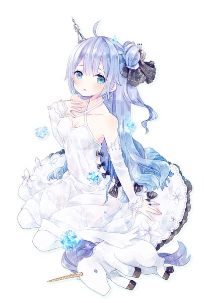 Anime picture 1378x2039 with azur lane unicorn (azur lane) kikka (kicca choco) single long hair tall image looking at viewer blue eyes simple background white background bare shoulders purple hair full body ahoge from above :o hair bun (hair buns) hand on chest girl dress