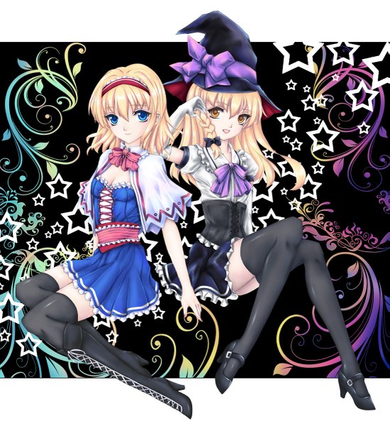 Anime picture 1099x1200 with touhou kirisame marisa alice margatroid fred0092 long hair tall image looking at viewer short hair blue eyes blonde hair multiple girls yellow eyes witch girl thighhighs dress skirt gloves bow black thighhighs