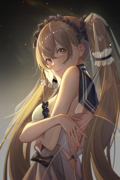 Anime picture 2250x3375 with azur lane formidable (azur lane) formidable (timeless classics) (azur lane) baizhi single long hair tall image blush fringe highres breasts simple background hair between eyes twintails brown eyes payot looking away upper body light smile grey hair