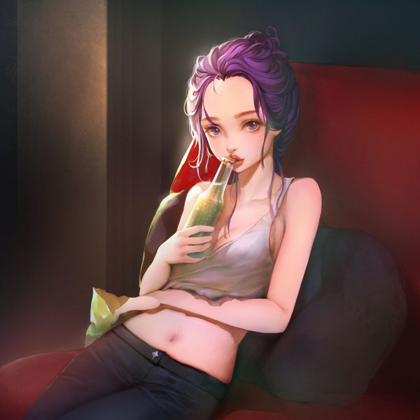 Anime picture 2000x2000 with original orry single looking at viewer highres short hair breasts sitting purple eyes bare shoulders holding cleavage purple hair indoors parted lips lips mole bare belly shadow lipstick
