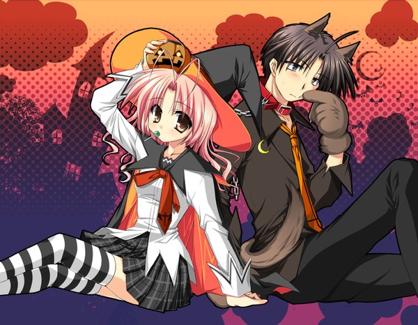 Anime picture 1500x1165 with izumi makoto blush fringe short hair brown hair sitting brown eyes pink hair ahoge pleated skirt halloween dog ears dog tail girl thighhighs boy necktie cape collar witch hat