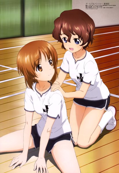 Anime picture 4085x5928 with girls und panzer megami magazine nishizumi miho tall image blush highres short hair open mouth blue eyes brown hair multiple girls brown eyes absurdres official art girl uniform 2 girls socks white socks gym uniform
