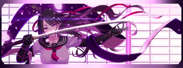 Anime picture 3186x1186 with original haiiro gundan single long hair looking at viewer fringe highres breasts black hair wide image purple eyes twintails holding upper body head tilt floating hair outstretched arm floral print eyebrows framed