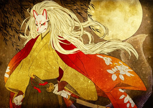 Anime picture 1200x849 with original shirousagi (artist) single long hair blonde hair standing holding tail traditional clothes japanese clothes wind night fox tail clothes on shoulders boy gloves weapon sword katana leaf (leaves)