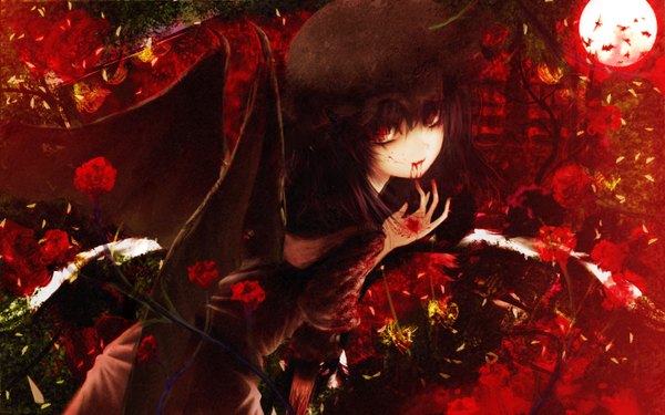 Anime picture 1440x900 with touhou remilia scarlet caoth (artist) single red eyes wide image teeth fang (fangs) bat wings vampire girl hat rose (roses) moon blood bat