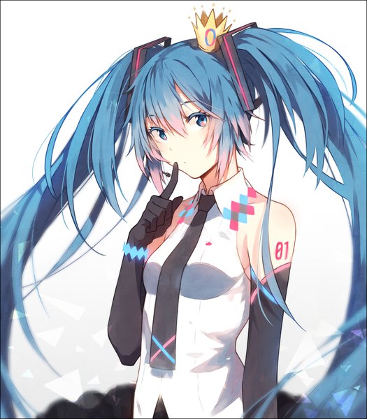 Anime picture 860x983 with vocaloid hatsune miku hakusai (tiahszld) single long hair tall image fringe blue eyes simple background hair between eyes white background twintails bare shoulders blue hair finger to mouth girl gloves black gloves necktie elbow gloves