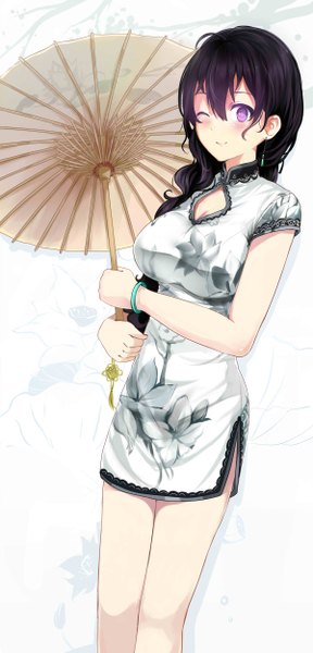 Anime picture 1200x2500 with original miyaura sanshio beifeng han single long hair tall image fringe breasts black hair simple background smile hair between eyes large breasts standing white background purple eyes ahoge traditional clothes one eye closed wink