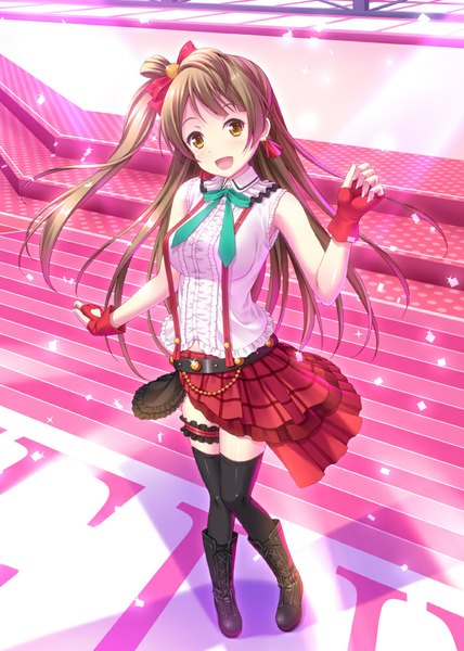 Anime picture 713x1000 with love live! school idol project sunrise (studio) love live! minami kotori uehara yukihiko long hair tall image looking at viewer blush open mouth brown hair brown eyes one side up girl thighhighs dress black thighhighs boots fingerless gloves
