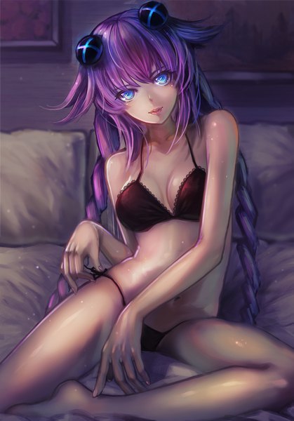 Anime picture 1079x1544 with choujigen game neptune purple heart sxbzero single long hair tall image looking at viewer fringe blue eyes light erotic smile sitting payot purple hair bent knee (knees) indoors braid (braids) head tilt barefoot underwear only