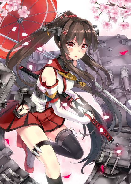 Anime picture 1000x1400 with kantai collection yamato super battleship warirui single long hair tall image blush open mouth black hair red eyes ponytail cherry blossoms girl hair ornament weapon plant (plants) petals sword tree (trees) katana